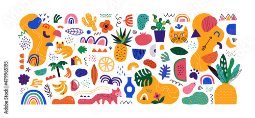 Set of colorful trendy shapes in childish hand drawn style. Modern flat drawing cartoon collection. Summer jungle decoration and exotic tropical animals on isolated white background.