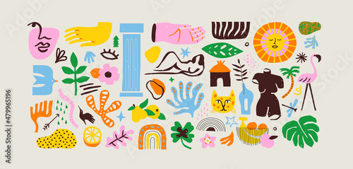 Set of trendy doodle and abstract nature icons on isolated background. Colorful summer collection, unusual organic shapes in freehand matisse art style. Includes people, floral art and texture bundle