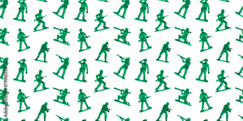 Retro toy soldier doodle seamless pattern illustration. Colorful 90s style green military men background for nostalgia concept or children game print.