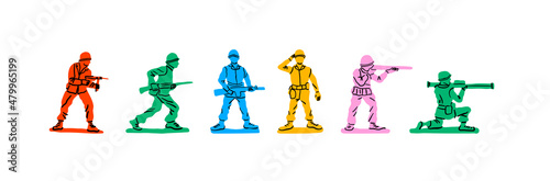Colorful retro toy soldier collection on isolated white background. Vintage 90s style hand drawn cartoon character for children game or military combat concept. photo