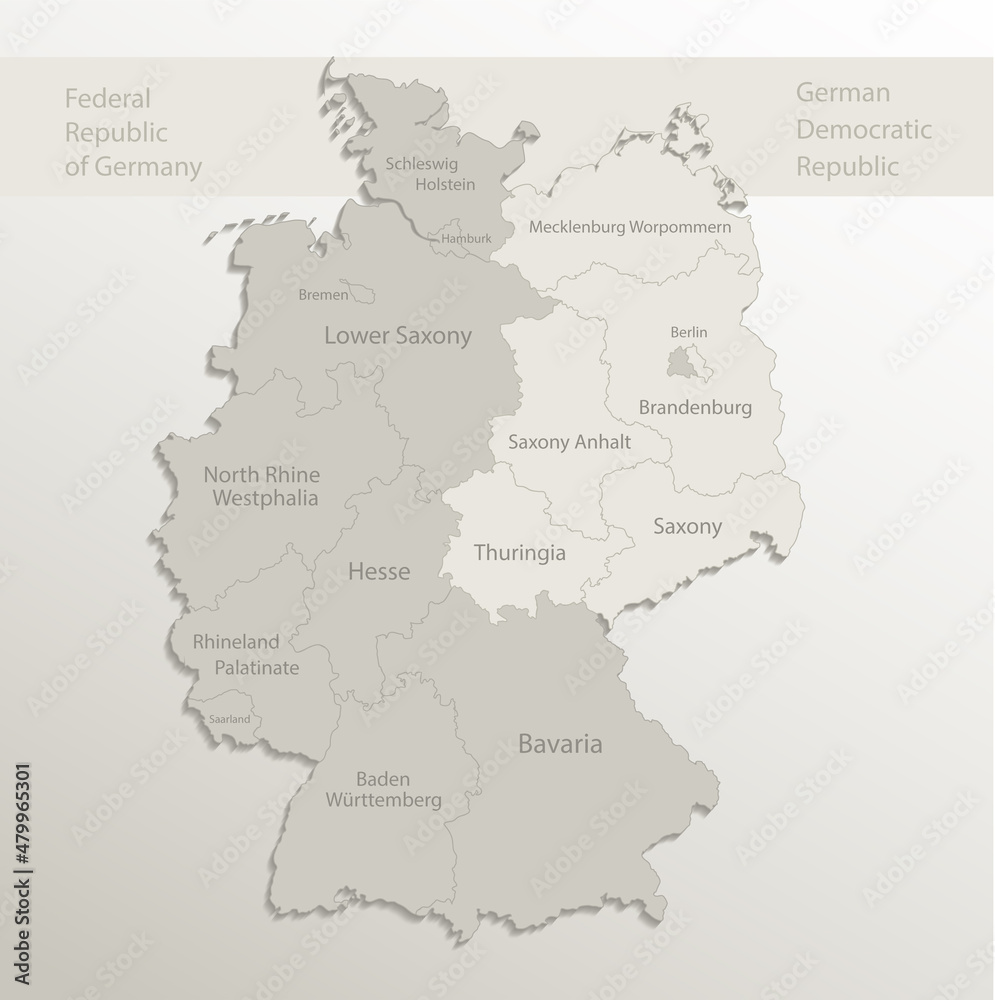 Germany map divided on West and East Germany with regions, card paper 3D natural vector