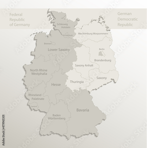 Germany map divided on West and East Germany with regions  card paper 3D natural vector
