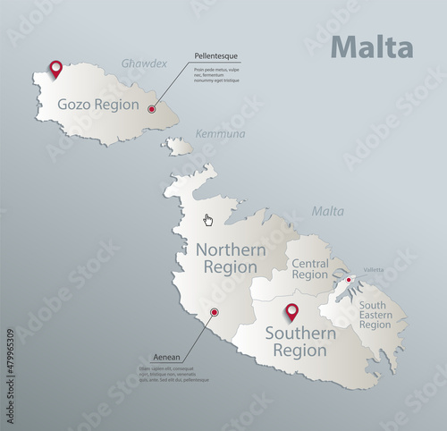 Malta regions map with names, blue white card paper 3D vector