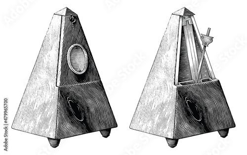 Vintage metronome hand draw vintage engraving style black and white clipart