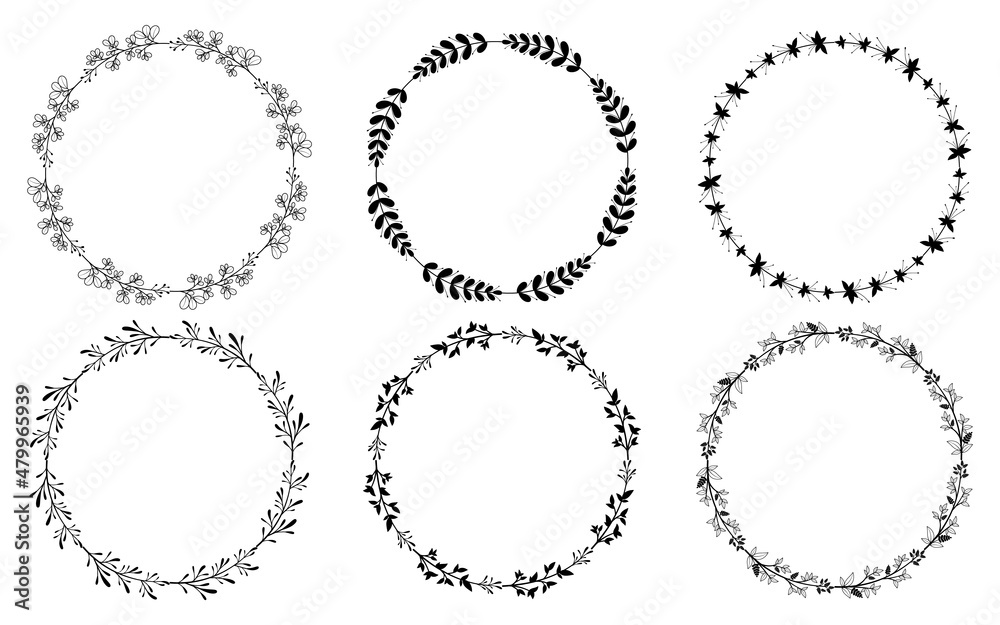 Set of hand drawn doodle round floral wreaths frames. Flower line and leaf circle frames design elements for wedding, mothers day, birthday, invitations. Set of hand drawn doodle round floral wreaths frames. Flower line and leaf circle frames design elements for wedding, mothers day, birthday, invitations.