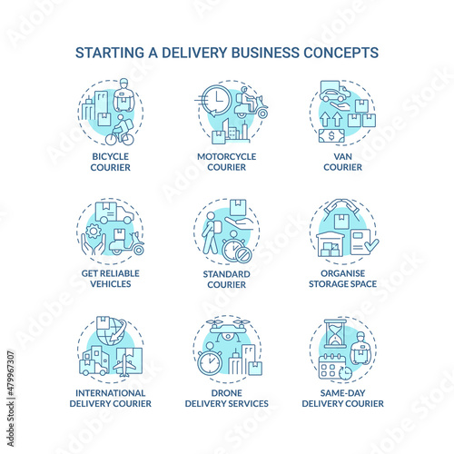 Starting delivery business turquoise concept icons set. Shipping service idea thin line color illustrations. Isolated outline drawings. Editable stroke. Roboto-Medium, Myriad Pro-Bold fonts used