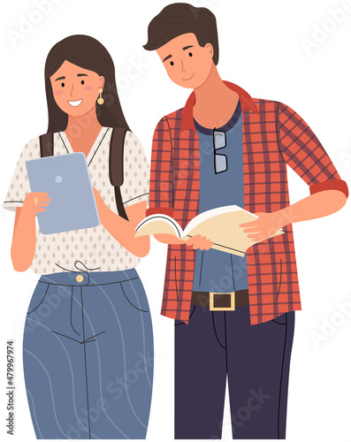 Happy school pupils or college students standing with books. Portrait of smiling people with backpacks. Diverse college, university students, schoolgirl and schoolboy with notebook and laptop studying
