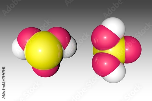 Space-filling molecular model of sulfurous or sulfuris acid. Atoms are represented as spheres with conventional color coding: hydrogen (white), sulfur (yellow), oxygen (red). 3d illustration photo