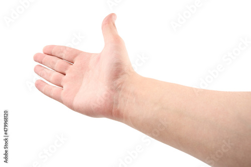 Female hand isolated on white background. White man hand showing symbols and gestures.