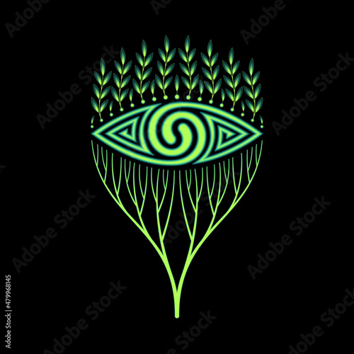 Vector neon psychedelic eye decorated plants and tree. Two spiral and eye - symbols of duality and spiritual vision. Sacred geometry and mental health concept.