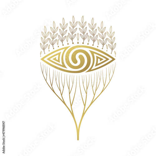 Vector golden psychedelic eye decorated plants and tree. Two spiral and eye - symbols of duality and spiritual vision. Sacred geometry and mental health concept.