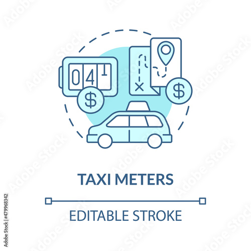 Taxi meters turquoise concept icon. Calculating device. Delivery business abstract idea thin line illustration. Isolated outline drawing. Editable stroke. Roboto-Medium, Myriad Pro-Bold fonts used