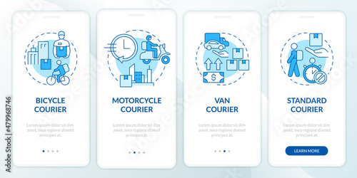 Courier business blue and white onboarding mobile app screen. Mail service walkthrough 4 steps graphic instructions pages with concepts. UI, UX, GUI template. Myriad Pro-Bold, Regular fonts used