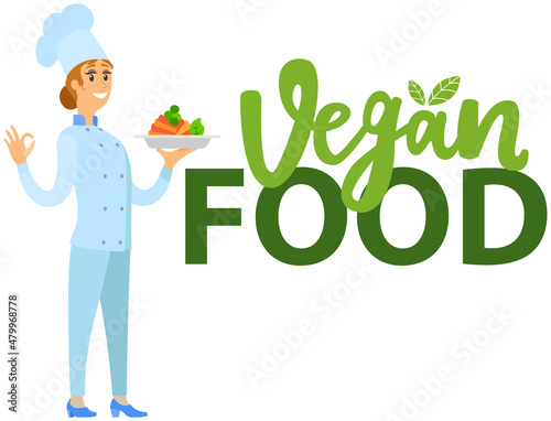 Woman holds plate with vegetable meal. Design for healthy vegan restaurant menu. Female kitchener serves dish from chef, fresh food at cafe. Chef holding vegetarian dish, vegetables on plate