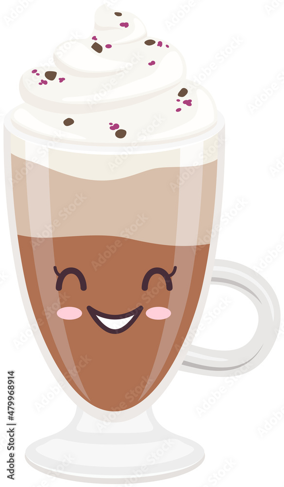 Cute coffee latte with froth and syrup sticker kawaii icon vector design.  Adorable hot drink in glass with positive emotion, japanese, oriental  culture symbol anime, innocence and childishness Stock Vector | Adobe