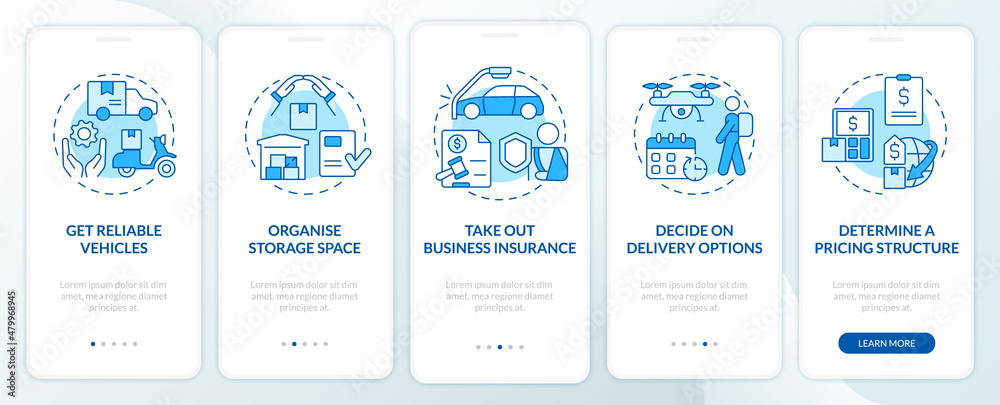 How to start courier business blue and white onboarding mobile app screen. Ship walkthrough 5 steps graphic instructions pages with concepts. UI, UX, GUI template. Myriad Pro-Bold, Regular fonts used