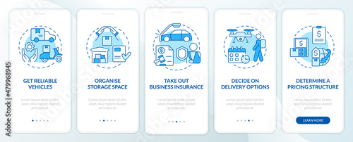 How to start courier business blue and white onboarding mobile app screen. Ship walkthrough 5 steps graphic instructions pages with concepts. UI, UX, GUI template. Myriad Pro-Bold, Regular fonts used