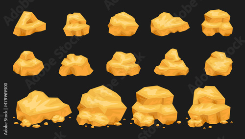 Set of isolated gold mine nuggets and rocks. Natural gems, golden mines elements. 3d gaming rocks, natural gemstones isolated on black.