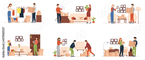 People moving into new house set. Families preparing transporting in new apartment, sorting boxes, movers carry furniture, items packing, transportation service, relocating concept.