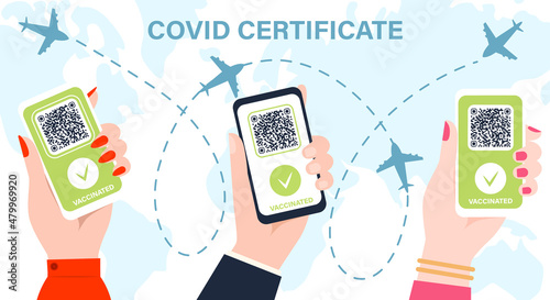 Hands with phone digital covid 19 certificate, vaccine green pass. Template for tourist electronic passports without coronavirus.
