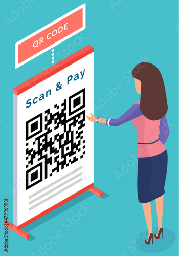 Businesswoman scanning qr code via mobile phone scanner device isometric vector illustration. Product code recognition technology. Information data barcode. QR code verification in mobile application