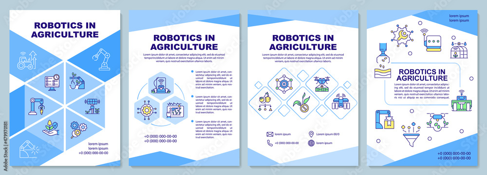 Robotics in agriculture brochure template. IoT adoption. Booklet print design with linear icons. Vector layouts for presentation, annual reports, ads. Arial-Black, Myriad Pro-Regular fonts used