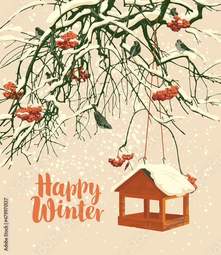 A beautiful winter landscape with the inscription Happy Winter, snow-covered branches and red clusters of mountain ash, a bird feeder and a flock of small frozen sparrows. Snowy vector illustration
