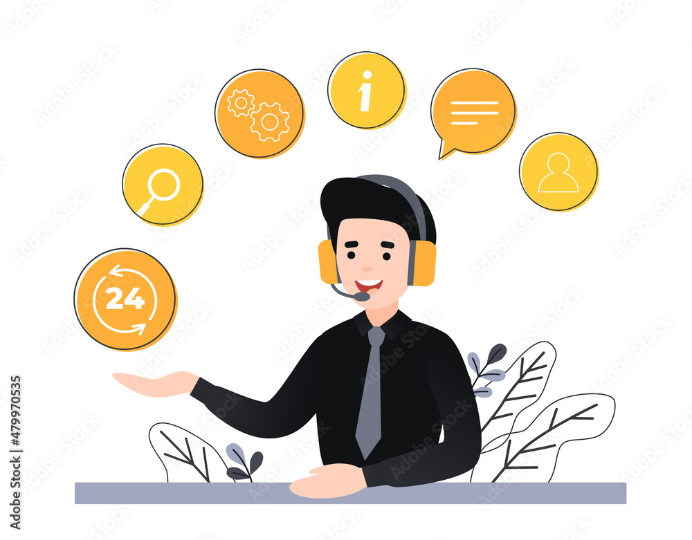 Concept customer and operator, online technical support 24-7 for web page. Vector illustration male hotline operator advises client. Online assistant, virtual help service. Concept customer and operator, online technical support 24-7 for web page. Vector illustration male hotline operator advises client. Online assistant, virtual help service.