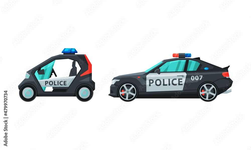 Police Car or Patrol Car as Ground Vehicle for Transportation Vector Set Police Car or Patrol Car as Ground Vehicle for Transportation Vector Set