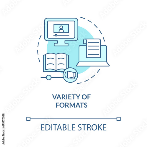 Variety of formats turquoise concept icon. Elearning platforms features abstract idea thin line illustration. Isolated outline drawing. Editable stroke. Roboto-Medium, Myriad Pro-Bold fonts used