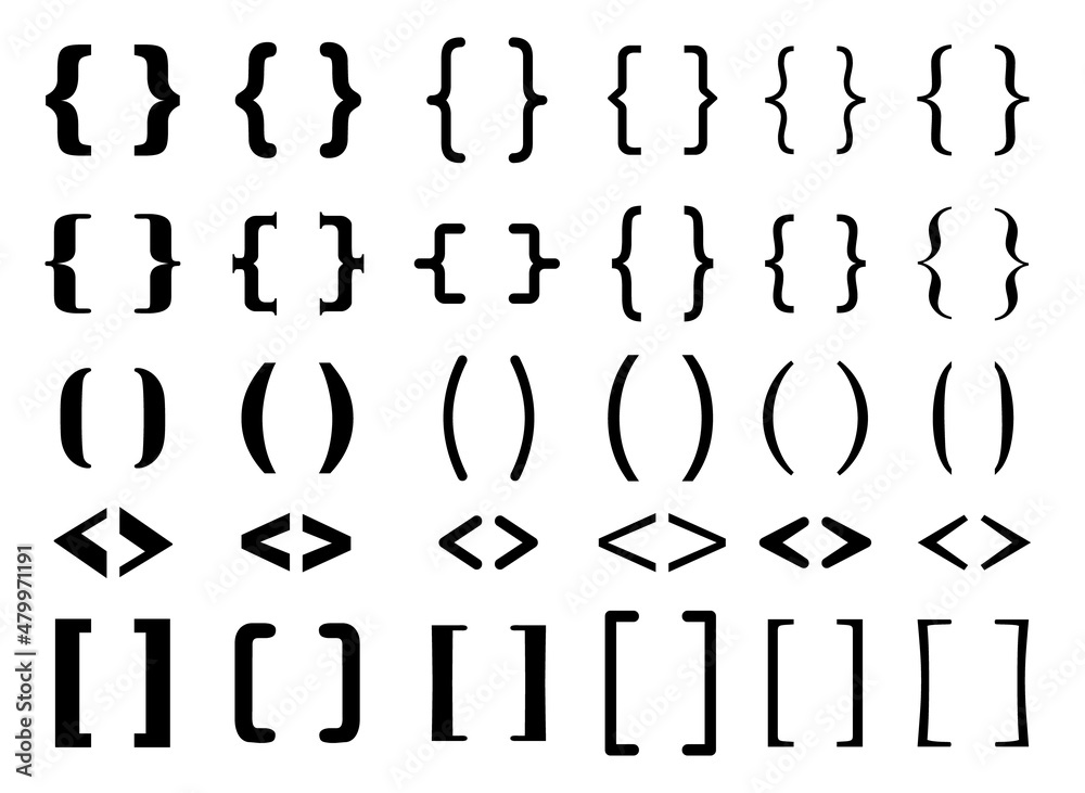 Different brackets set. Text brackets. Curly braces, square and corner parentheses. Openwork vector. Different brackets set. Text brackets. Curly braces, square and corner parentheses. Openwork vector.