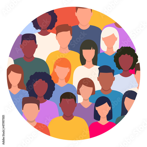 Human social diversity crowd in circle. Diverse multicultural group of people standing together in round shape. Vector illustration isolated on white.
