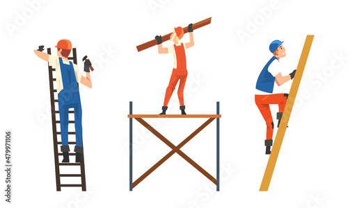 Man Builder Character in Orange Overall and Hard Hat on Scaffold and Climbing Ladder Building House Vector Set