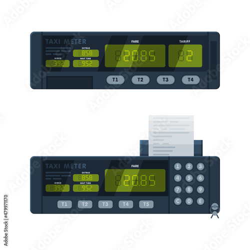 Taximeter as Electronic Device Installed in Taxicab for Calculating Passenger Fare Vector Set