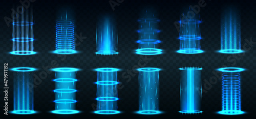 Realistic portal. Level up and teleportation process game effect, futuristic lighting and bright wrap aura. Realistic teleportation portal. Light aura and glowing hologram. photo