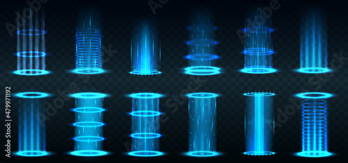 Realistic portal. Level up and teleportation process game effect, futuristic lighting and bright wrap aura. Realistic teleportation portal. Light aura and glowing hologram.