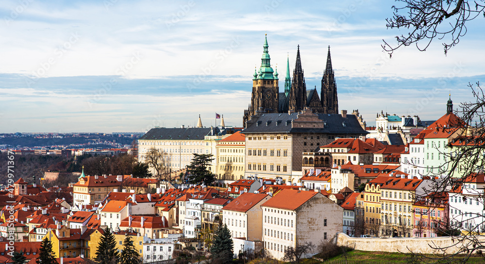 Scenic view on historical center of old town buildings and landmarks, Prague, Czech Republic. Old Town architecture, cityscape roofs. Prague street top view.