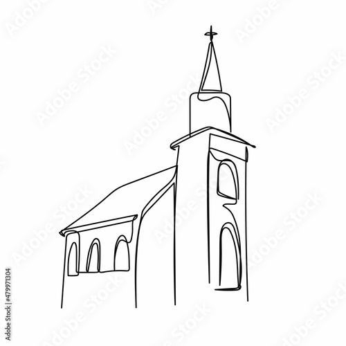 Fotografiet Continuous one simple single abstract line drawing of old church icon in silhouette on a white background