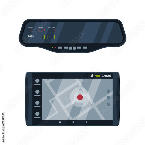 Taximeter as Electronic Device Installed in Taxicab for Calculating Passenger Fare Vector Set