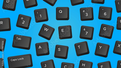 Scattered keyboard keys on bright blue background photo