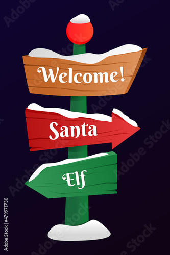 Holiday Signs. Cute of North Pole signs or Christmas. Winter holiday xmas symbol, cartoon banner.