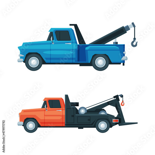 Tow Truck or Wrecker Moving Disabled or Impounded Motor Vehicle Vector Set