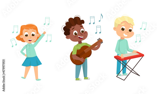 Funny Boy and Girl Standing and Playing Guitar and Keyboard Vector Set