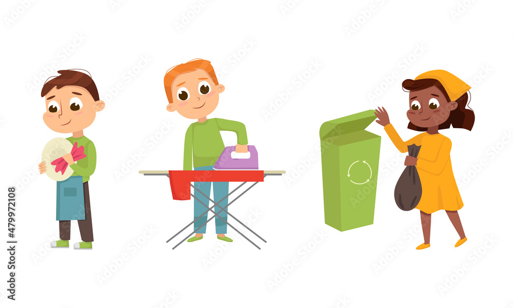 Little Big-eyed Boy Ironing Clothes on Ironing-table and Girl Discarding Rubbish in Dustbin Vector Set Little Big-eyed Boy Ironing Clothes on Ironing-table and Girl Discarding Rubbish in Dustbin Vector Set
