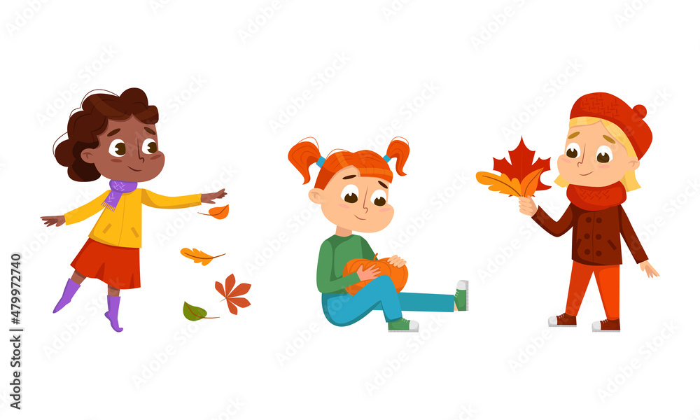 Cute Little Girl with Autumn Leaves Enjoying Fall Season Walking Outdoor Vector Set Cute Little Girl with Autumn Leaves Enjoying Fall Season Walking Outdoor Vector Set