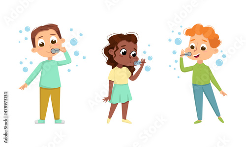 Valokuva Funny Boy and Girl Playing with Soap Bubbles Vector Set