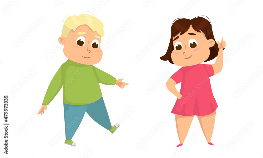 Little Boy and Girl with Overweight and Body Fat Vector Set