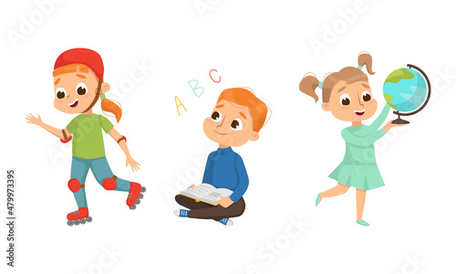 Cute Children in Class Studying School Subject Learning Alphabet and Geography Vector Set