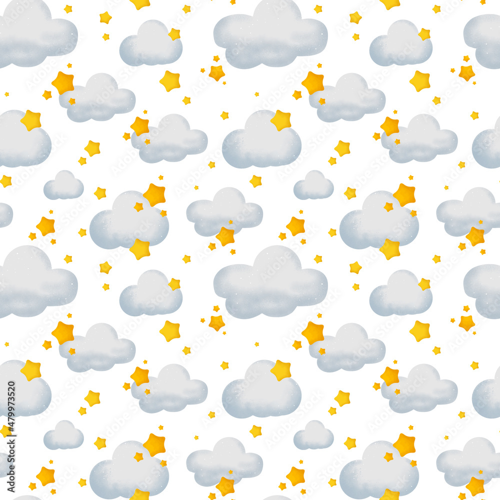 Seamless pattern of clouds and stars. Children's illustration of the sky.