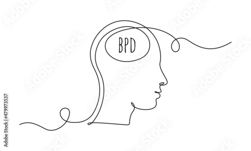 BPD concept with human head. One continuous line drawing of bipolar disorder or borderline personality disorder. Editable stroke. Doodle Vector illustration